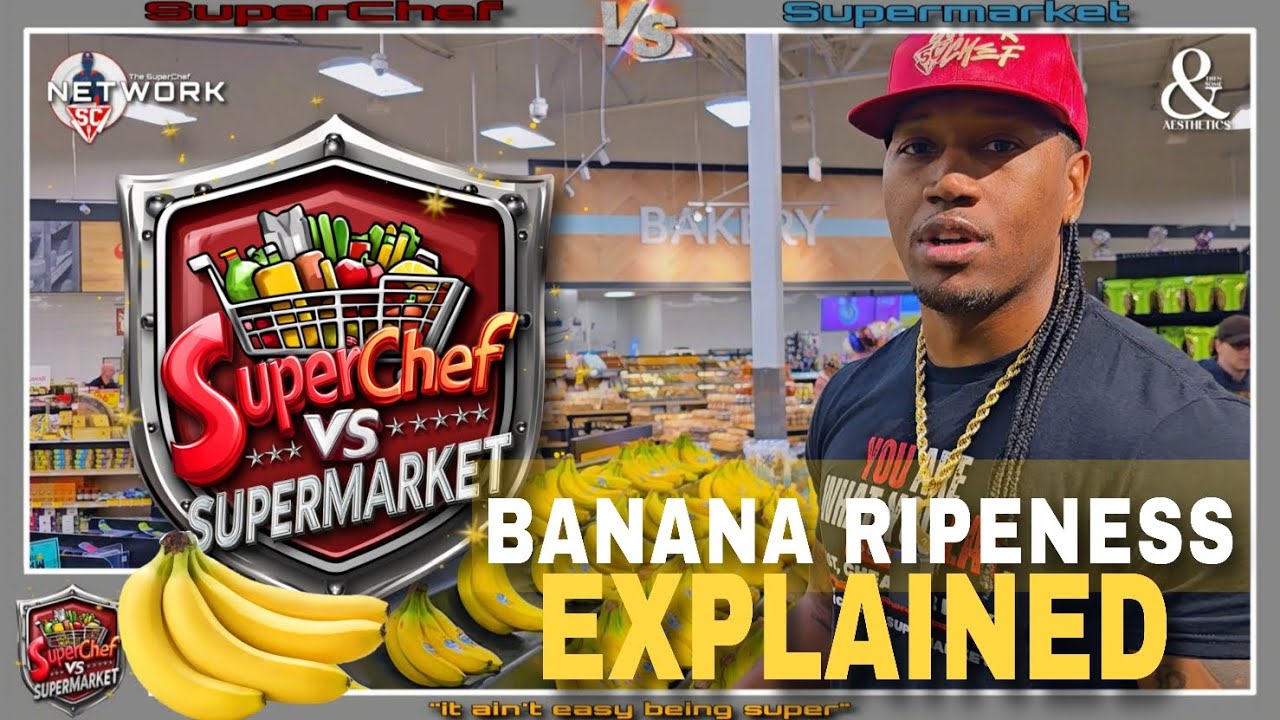 Chef examining banana ripeness stages at a grocery store produce section